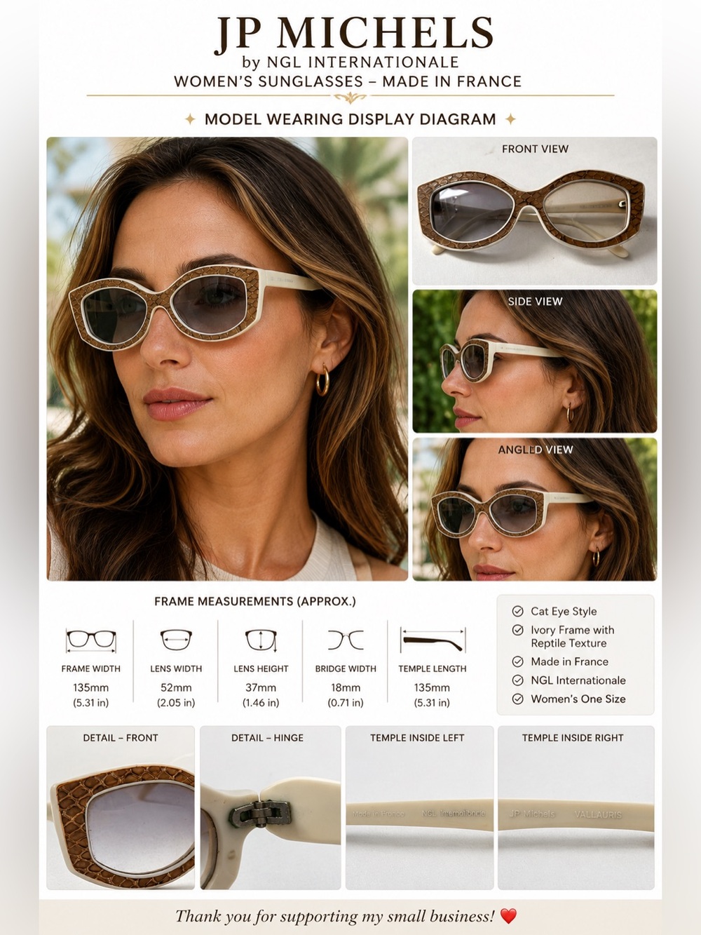 JP Michels Vintage Women's Cat Eye Sunglasses Ivory Reptile Texture